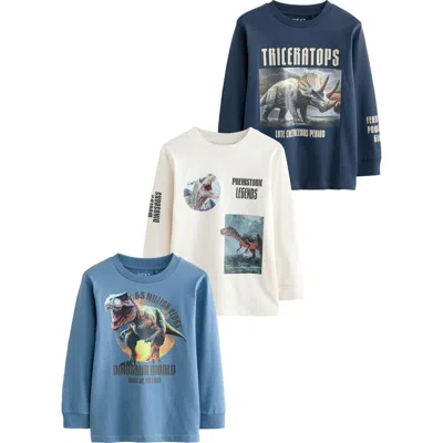 Next Kids' 3-pack Assorted Long Sleeve Cotton Graphic T-shirts In Blue