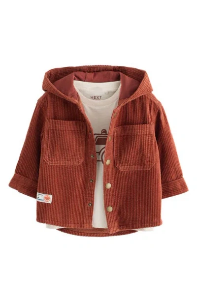 Next Kids' Hooded Corduroy Shacket & Graphic T-shirt Set In Burgundy