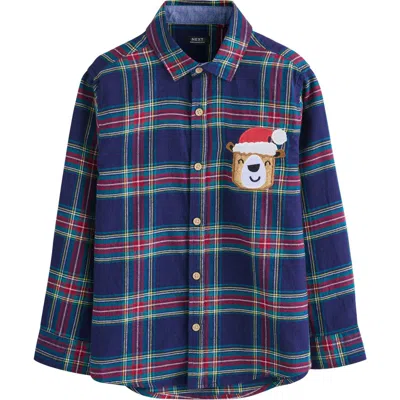 Next Kids' Plaid Santa Bear Appliqué Cotton Button-up Shirt In Blue