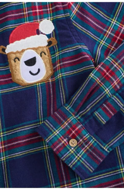 Next Kids' Plaid Santa Bear Appliqué Cotton Button-up Shirt In Blue