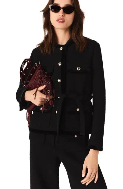 Maje Long Tweed Jacket In Black