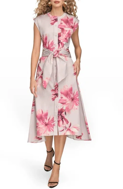 Donna Karan New York Floral Tie Front Cap Sleeve Stretch Cotton Shirtdress In Multi
