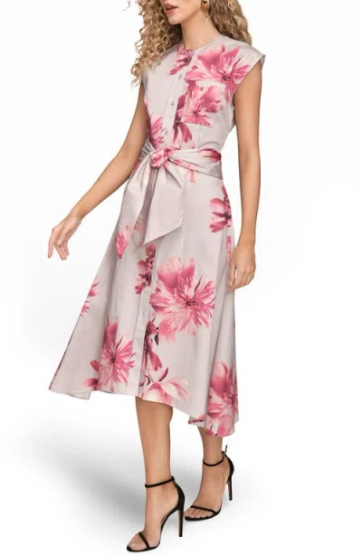 Donna Karan New York Floral Tie Front Cap Sleeve Stretch Cotton Shirtdress In Multi