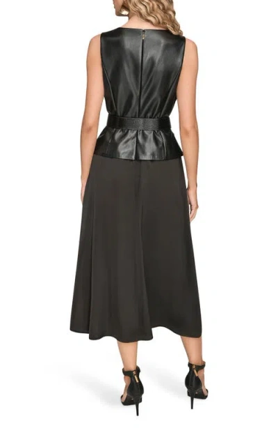 Donna Karan New York Faux Leather Sleeveless Belted Mixed Media Dress In Black