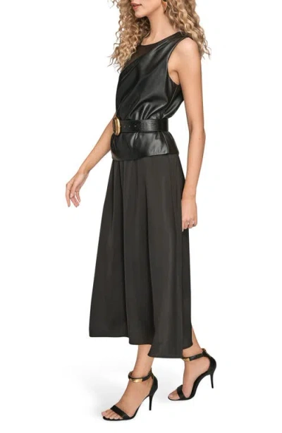 Donna Karan New York Faux Leather Sleeveless Belted Mixed Media Dress In Black