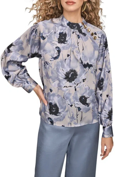 Donna Karan New York Floral Shoulder Button Long Sleeve Top In Multi