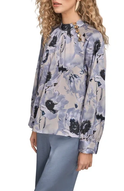 Donna Karan New York Floral Shoulder Button Long Sleeve Top In Multi
