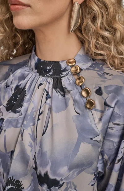 Donna Karan New York Floral Shoulder Button Long Sleeve Top In Multi