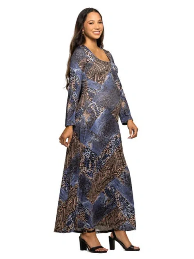 24seven Comfort Apparel Women's Maternity Blue Animal Print Long Sleeve Maxi Dress In Blue