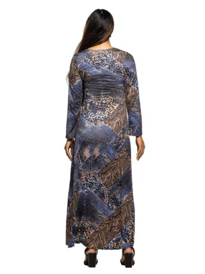24seven Comfort Apparel Women's Maternity Blue Animal Print Long Sleeve Maxi Dress In Blue