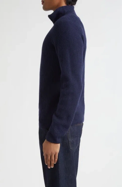 John Smedley Cashmere & Extrafine Merino Wool Rib Half Zip Sweater In Blue
