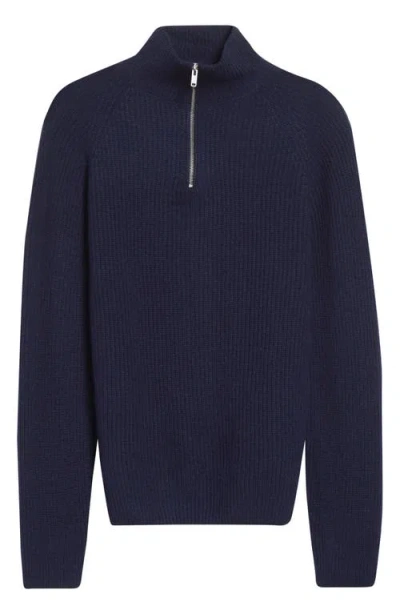 John Smedley Cashmere & Extrafine Merino Wool Rib Half Zip Sweater In Blue