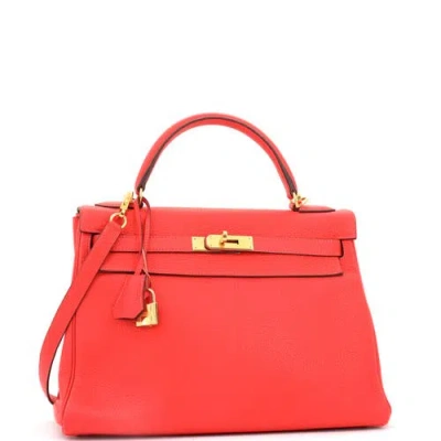 Pre-owned Hermes  Hermes Kelly Handbag Red Clemence With Gold Hardware 32 In Red
