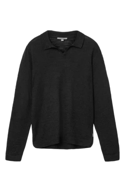 John Varvatos Luciano Long Sleeve Johnny Collar Slub Wool Polo Sweater In Black