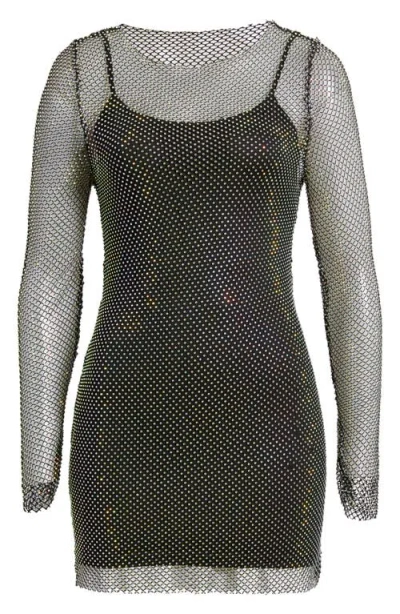 Jump Apparel Sheer Beaded Long Sleeve Minidress In Black