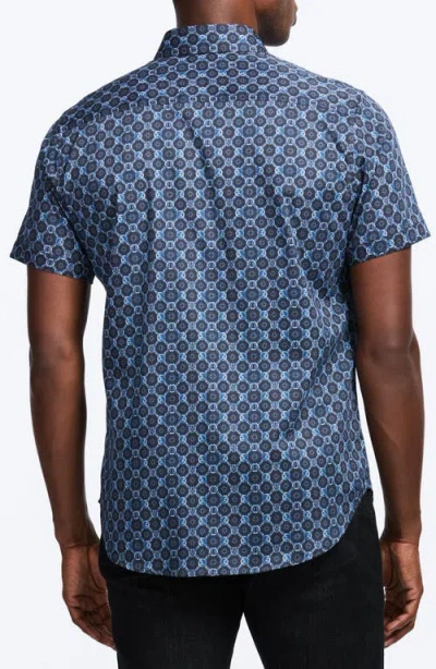 Robert Graham Bramston Medallion Print Short Sleeve Stretch Cotton Button-up Shirt In Blue