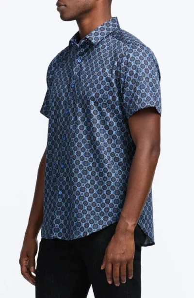Robert Graham Bramston Medallion Print Short Sleeve Stretch Cotton Button-up Shirt In Blue
