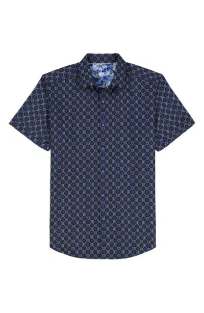 Robert Graham Bramston Medallion Print Short Sleeve Stretch Cotton Button-up Shirt In Blue