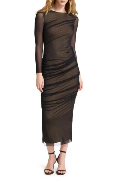 Marcella Gia Long Sleeve Mesh Maxi Dress In Brown