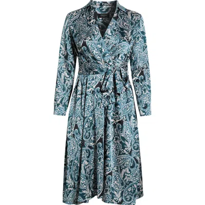 Tahari Asl Tie Belt Matte Satin Shirtdress In Blue