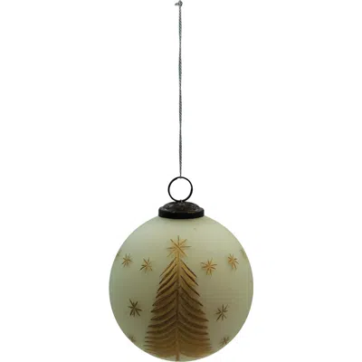 Storied Home Round Hand-painted Glass Ball Ornament With Etched Trees And Stars, Matte Ivory Color A In Nude