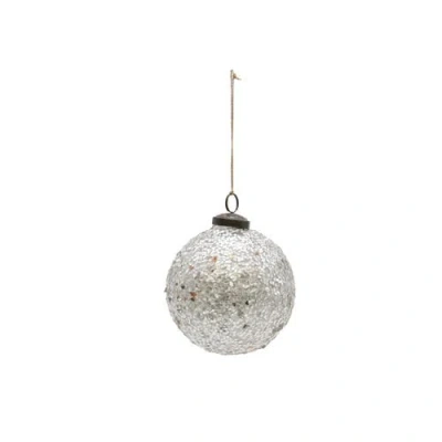 Storied Home Round Glass Ball Ornament With Mica Flakes, Silver Finish In Metallic