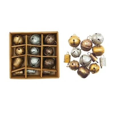 Storied Home 12-piece Antique Metal Bell Ornament Set, Gold, Silver And Copper Finish In Metallic