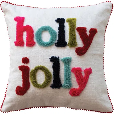 Storied Home Square Cotton Slub Pillow With Tufting And Pom Pom Trim "holly Jolly", Multicolor In Multi