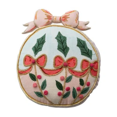 Storied Home Slub Printed Ornament Shaped Pillow With Embroidery, Pom Poms, Holly, Bows, Beads, And  In Multi
