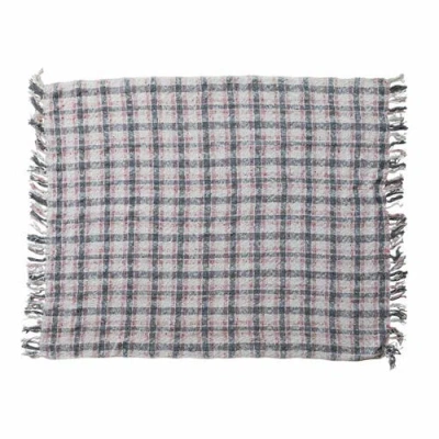 Storied Home Hand-woven And New Zealand Wool Slub Throw With Fringe, Grey And Natural Plaid In Gray