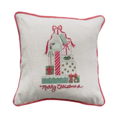 Storied Home "merry Christmas" Square Cotton Slub Printed Pillow With Gifts, Embroidery, Piping And  In Multi