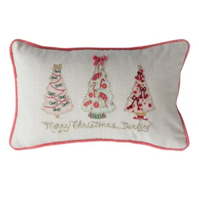 Storied Home "merry Christmas Darling" Printed Lumbar Pillow With Christmas Trees, Embroidery, Pipin In Multi