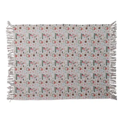 Storied Home Cotton Slub Printed Throw With Holiday Pattern And Fringe, Multicolor In Multi