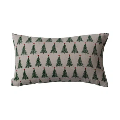 Storied Home Stonewashed Cotton Printed Lumbar Pillow With Christmas Tree Pattern, Natural, Green An In Green