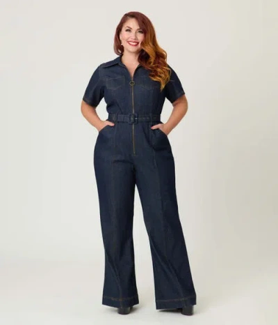 Unique Vintage Plus Size Pit Crew Denim Jumpsuit In Blue