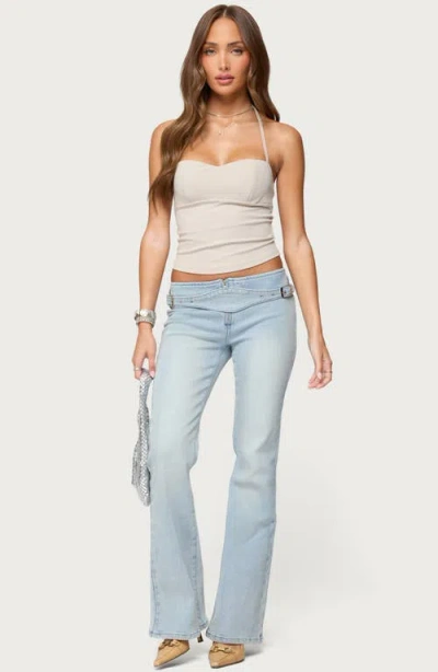 Edikted Kinza Belted Low Rise Flare Jeans In Blue