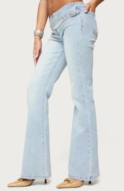 Edikted Kinza Belted Low Rise Flare Jeans In Blue