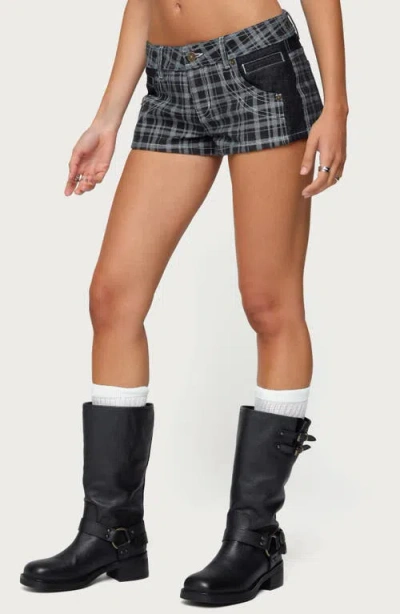 Edikted Carie Plaid Denim Shorts In Blue