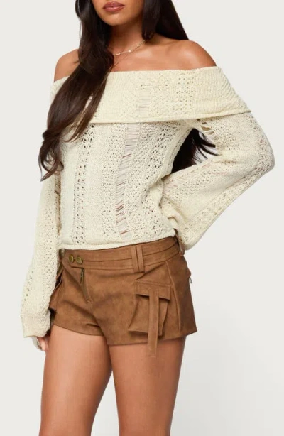 Edikted Distressed Foldover Off The Shoulder Sweater In White
