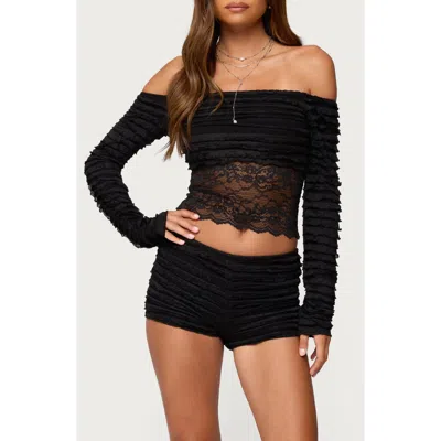 Edikted Tauri Ruffle Lace Off The Shoulder Top In Black