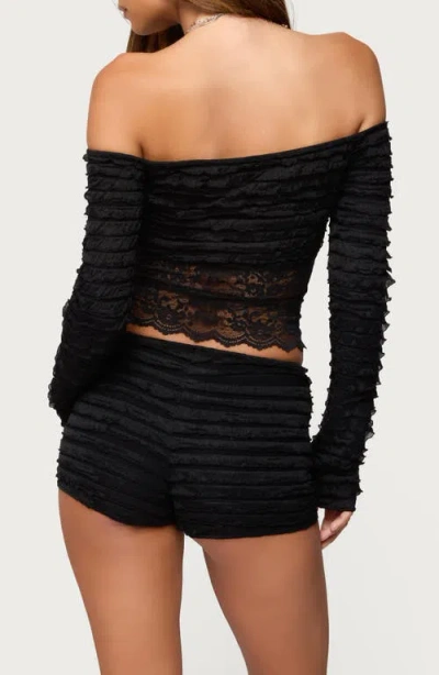 Edikted Tauri Ruffle Lace Off The Shoulder Top In Black