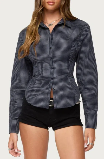 Edikted Lisbet Check Button-up Lace-up Shirt In Blue