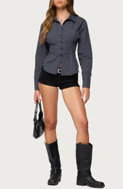 Edikted Lisbet Check Button-up Lace-up Shirt In Blue