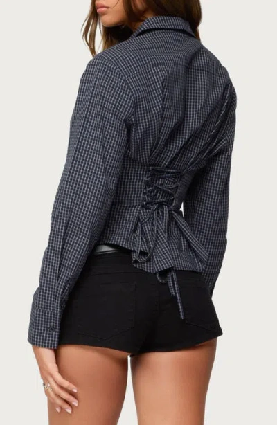 Edikted Lisbet Check Button-up Lace-up Shirt In Blue