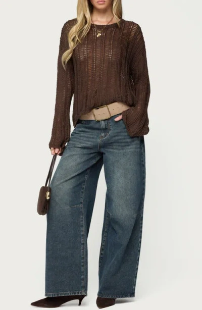 Edikted Jaide Sheer Ladder Open Stitch Sweater In Brown