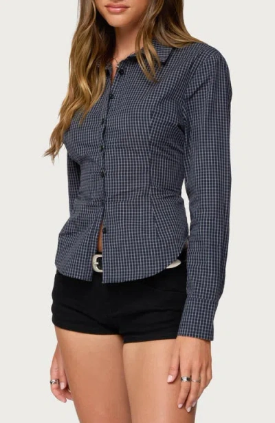 Edikted Lisbet Check Button-up Lace-up Shirt In Blue