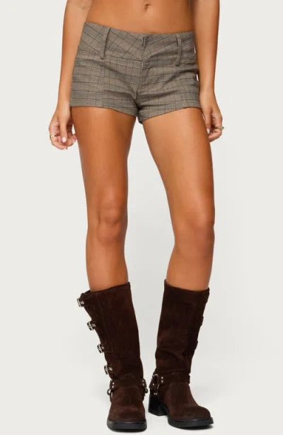 Edikted Ayvey Plaid Tailored Micro Shorts In Brown