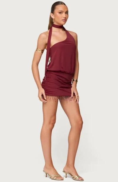 Edikted Danit Fringe Trim One-shoulder Minidress In Brown