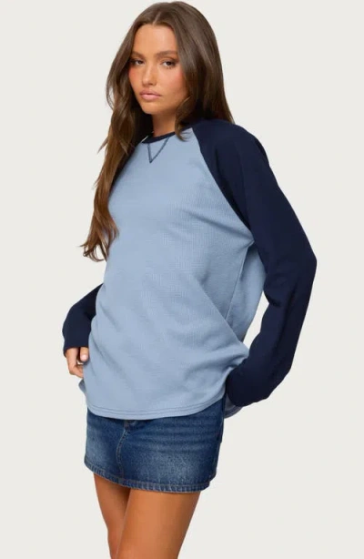 Edikted Me Time Oversize Raglan Sleeve Waffle Knit Top In Blue