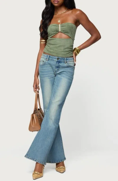 Edikted Kalina Cutout Strapless Faux Suede Top In Green